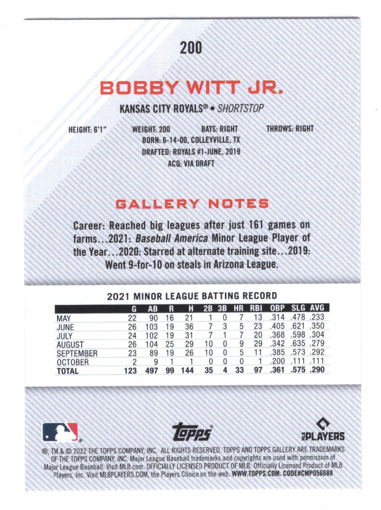 2022 Topps Gallery Bobby Witt Jr. Rookie #200 (Kansas City Royals)