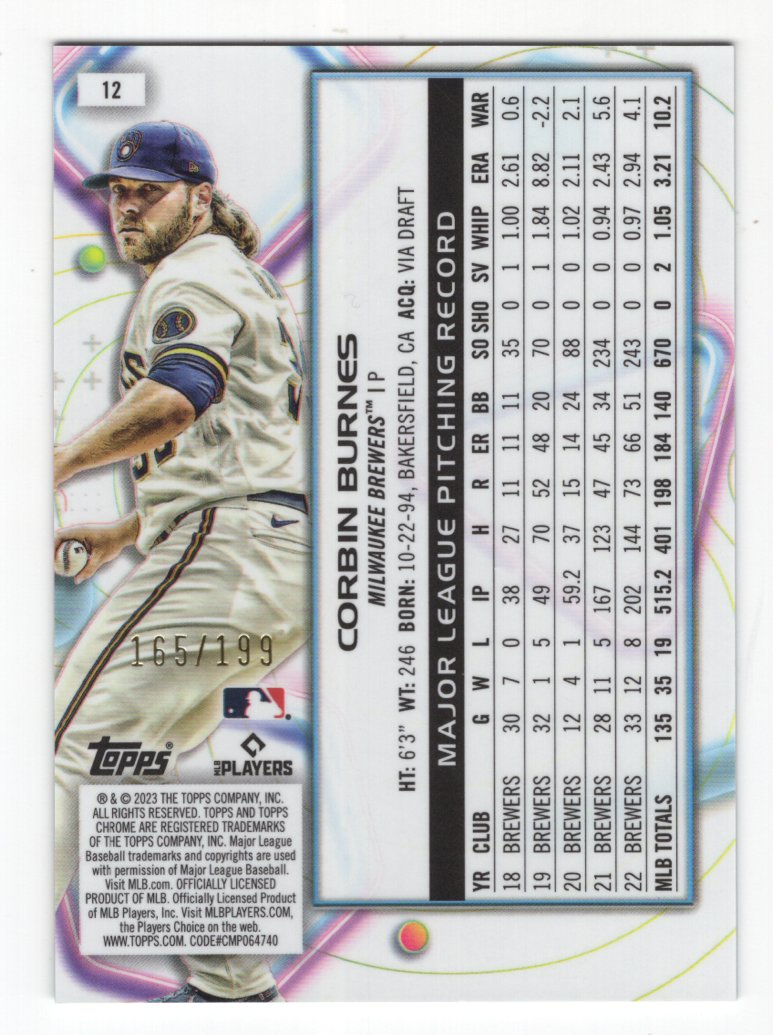 2023 Topps Chrome Cosmic Corbin Burnes Aqua Equinox Refractor #12 Serial #'d /199 (Brewers)