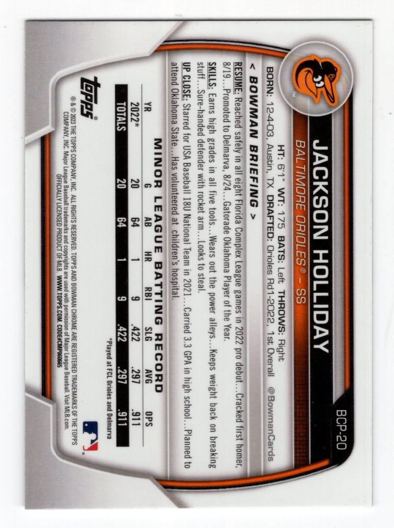 2023 Bowman Chrome Prospects Jackson Holliday #BCP-20 (Baltimore Orioles)