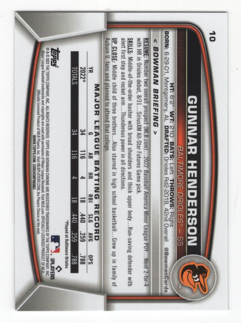 2023 Bowman Chrome Gunnar Henderson Rookie #10 (Orioles)