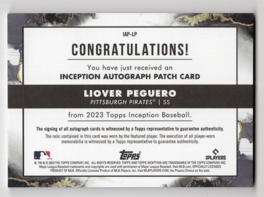 2023 Topps Inception Liover Peguero Pink RPA Rookie RC Patch Autograph #'d /75 (Pirates)