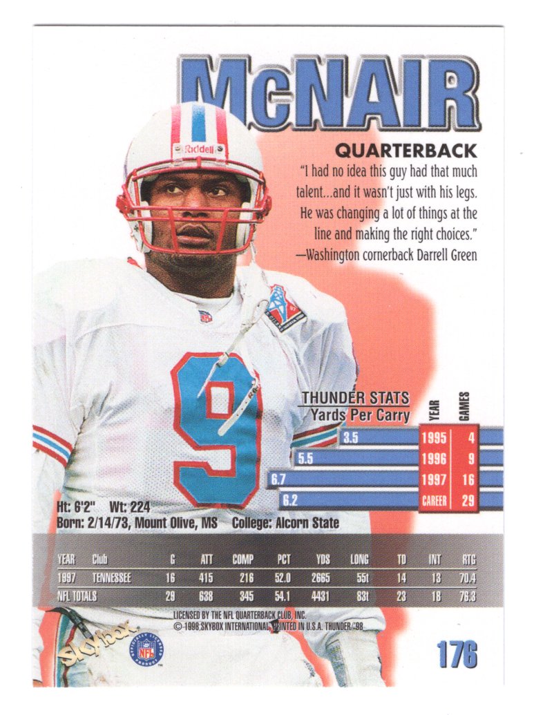 1998 Skybox Thunder Steve McNair #176 (Tennesse Oilers)