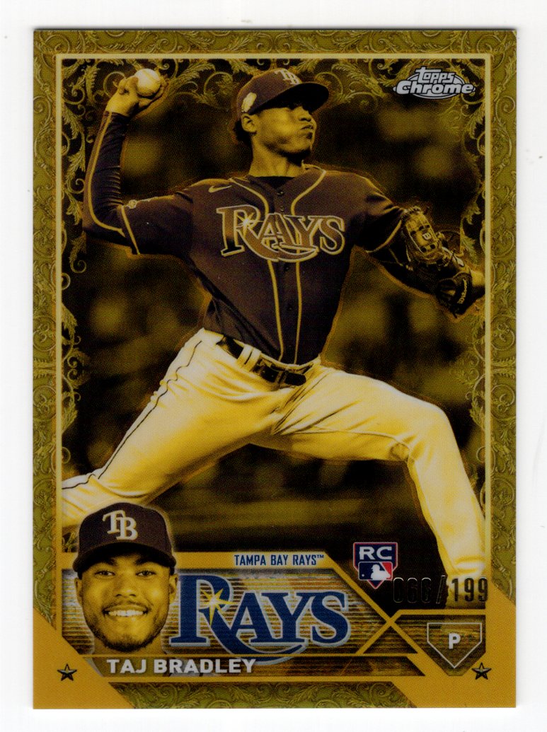 2023 Topps Chrome Gilded Taj Bradley Rookie #154 Gold Etch Refractor #'d /199 (Rays)