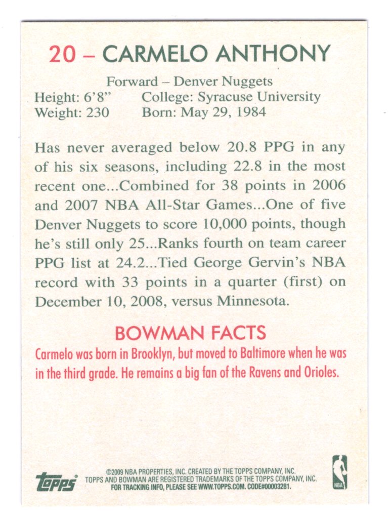 2009-10 Bowman '48 Carmelo Anthony #20 (Denver Nuggets)