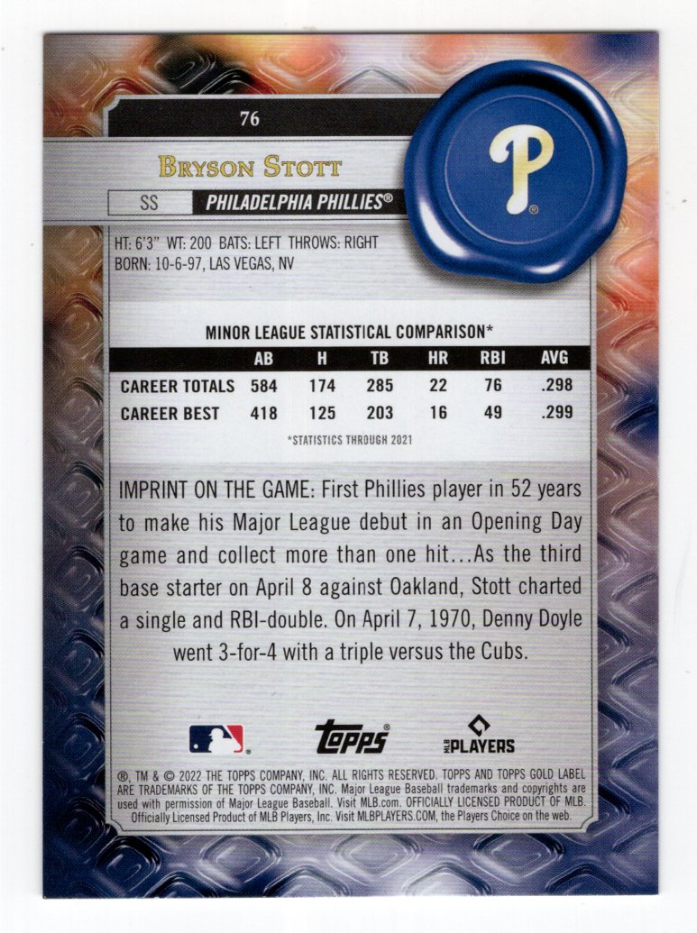 2022 Topps Gold Label Class 1 Black Parallel Bryson Stott RC Rookie #76 (Phillies)