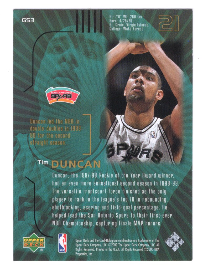 Tim Duncan 1999-00 Upper Deck Gold Reserve Strike! #GS3 (San Antonio Spurs)