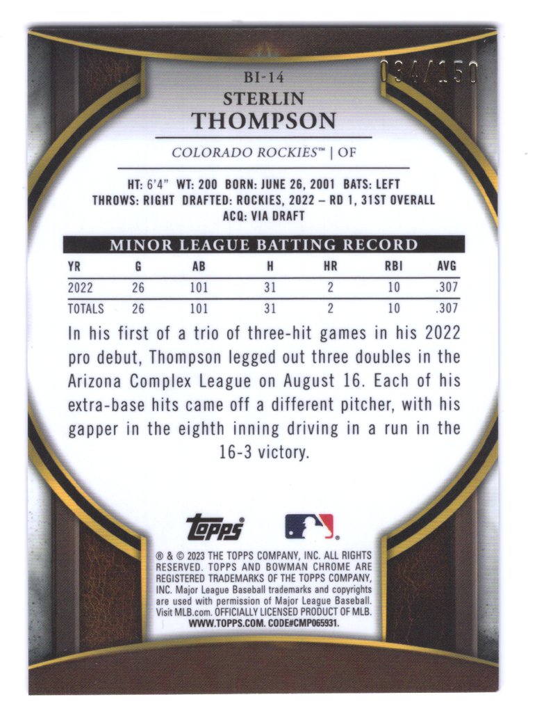 2023 Bowman Invicta Sterlin Thompson #BI-14 Cracked Ice #'d /150 (Rockies)