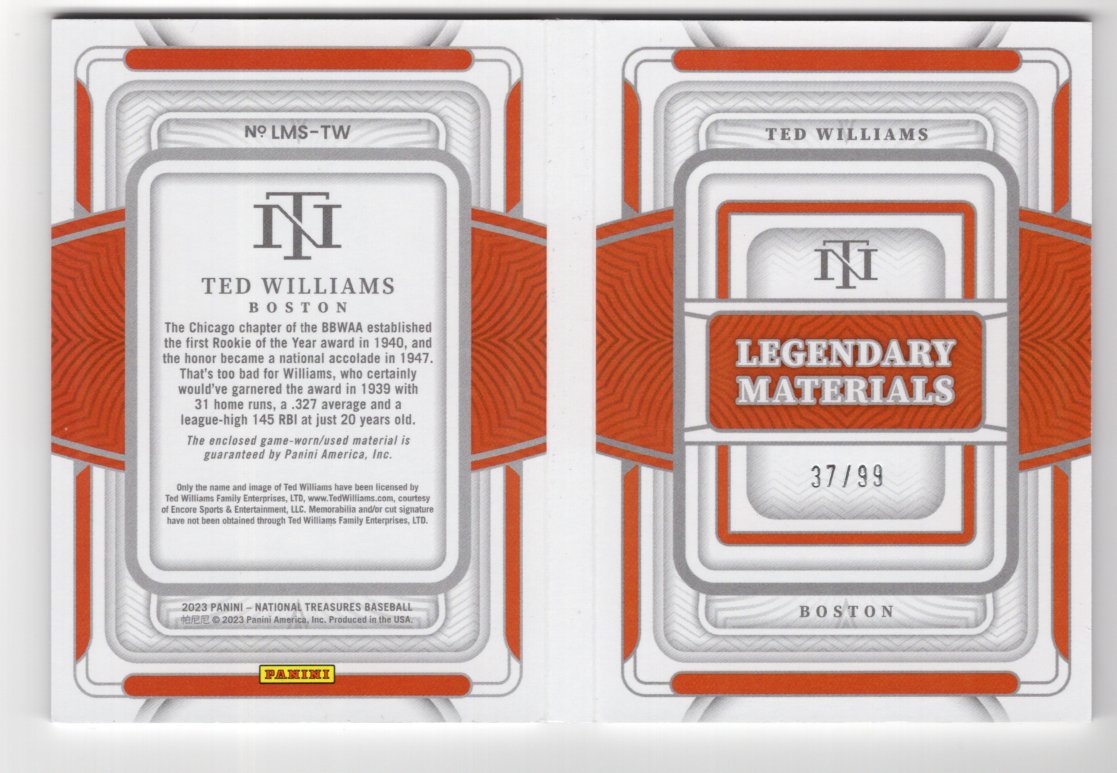 2023 Panini National Treasures Ted Williams Legendary Materials Booklet #'d /99 (Red Sox)