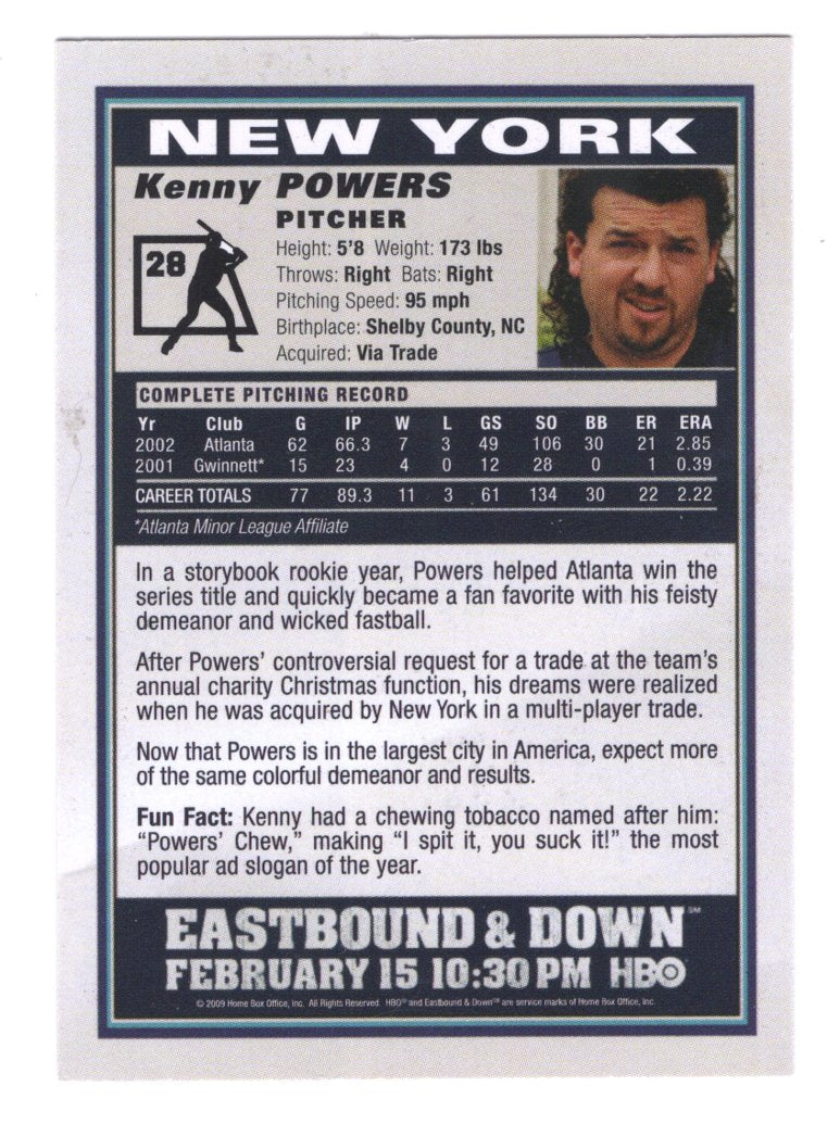 2009 HBO Eastbound & Down PROMO Kenny Powers Card #28 (New York Yankees)