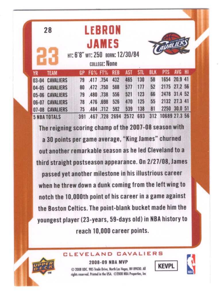 2008-09 Upper Deck MVP #28 LeBron James (Cleveland Cavaliers)