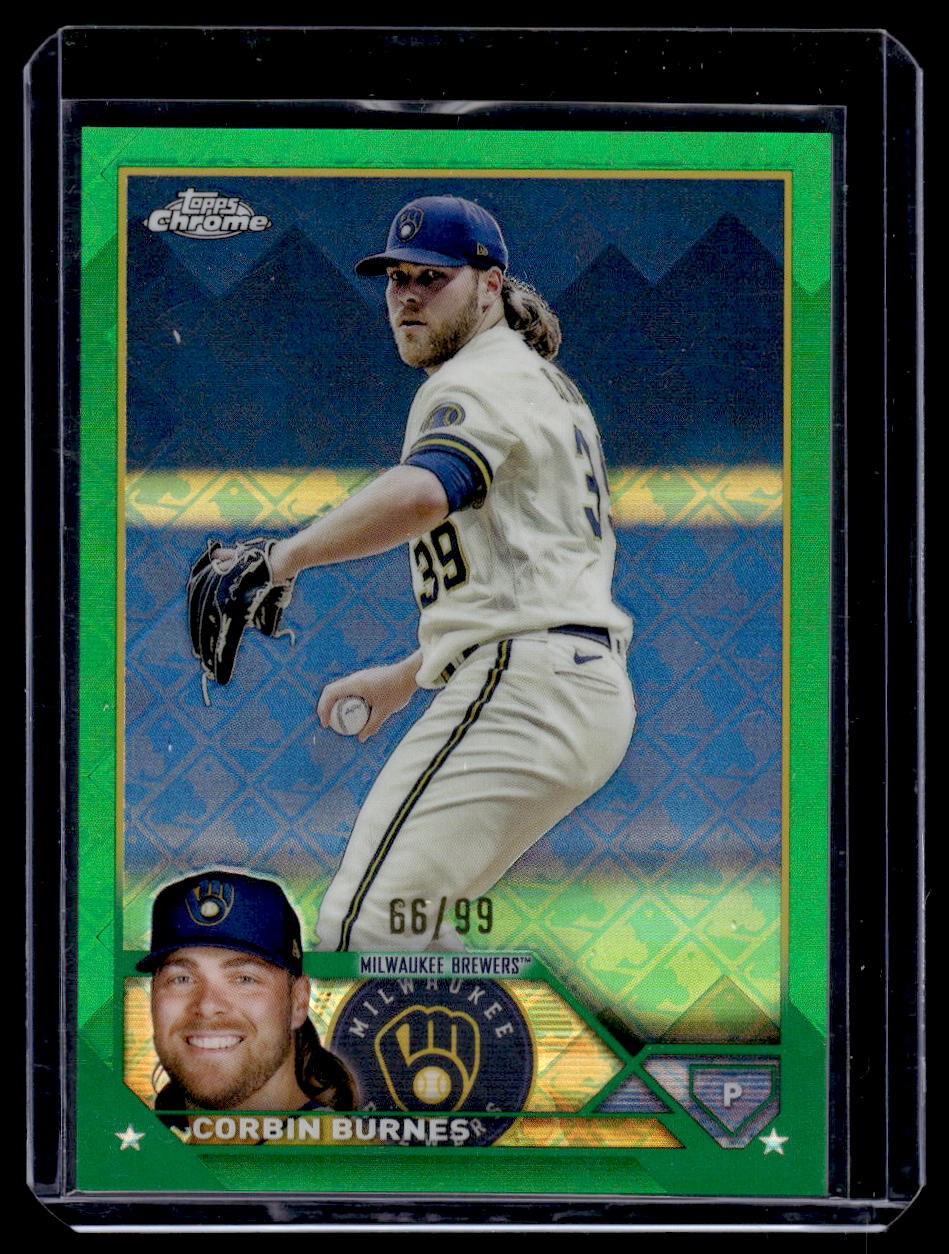 2023 Topps Chrome Logofractor #215 Corbin Burnes Green SP #'d /99 (Milwaukee Brewers)