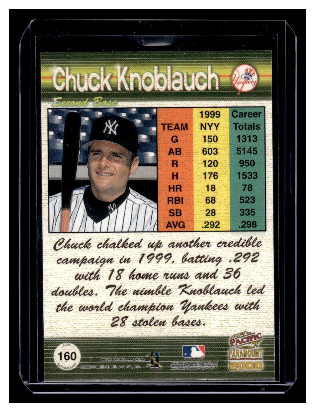 2000 Pacific Paramount #160 Chuck Knoblauch Platinum Blue #'d /67 (New York Yankees)