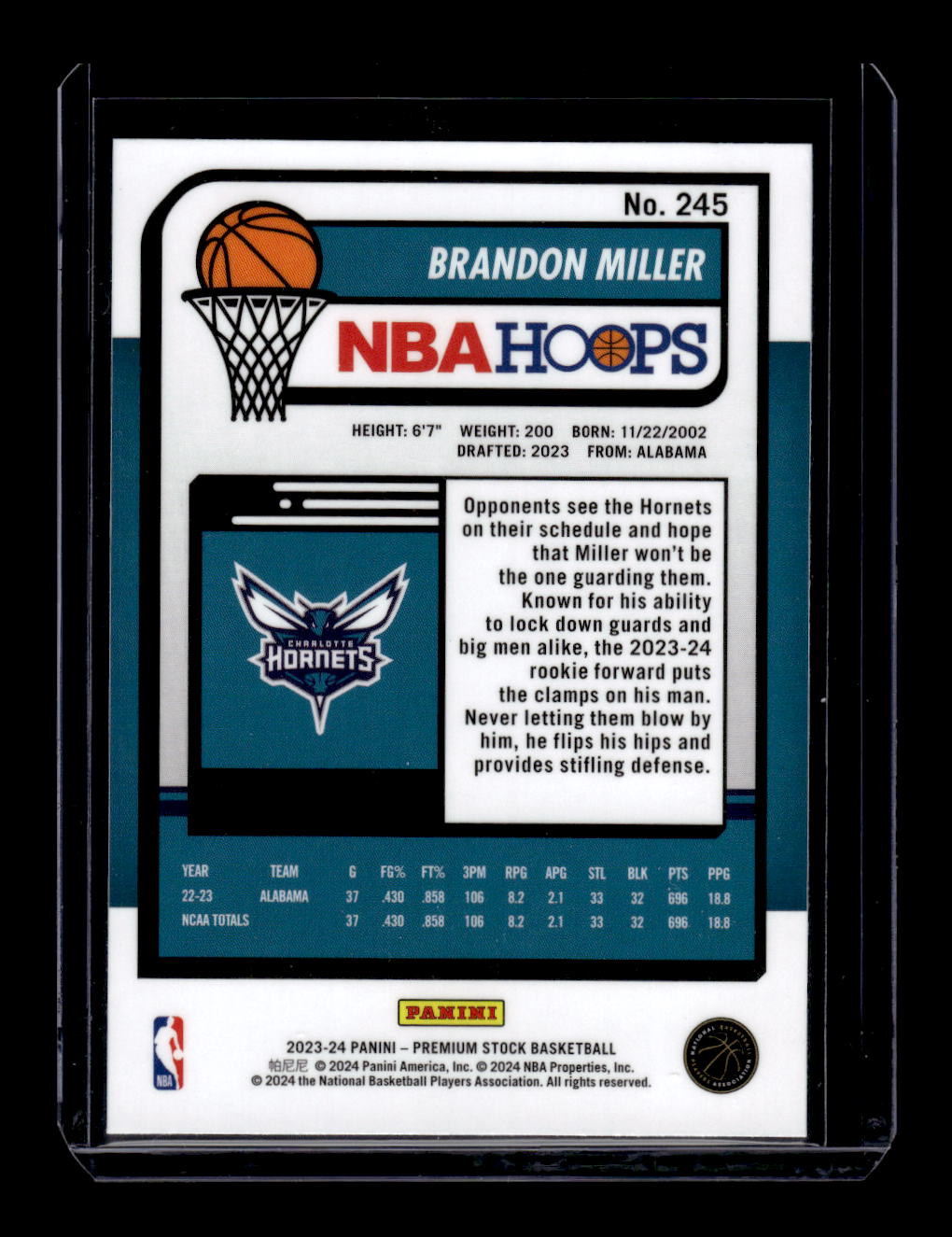 2023-24 Hoops Premium Stock #245 Brandon Miller (Charolette Hornets)