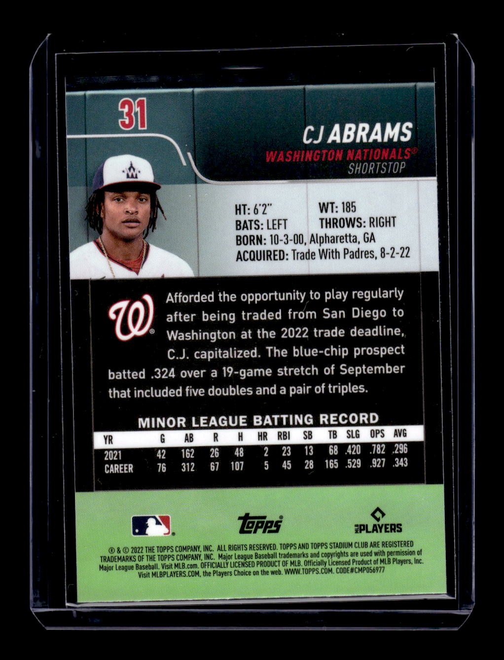 2022 Stadium Club Chrome #31 CJ Abrams RC Rookie (Washington Nationals)