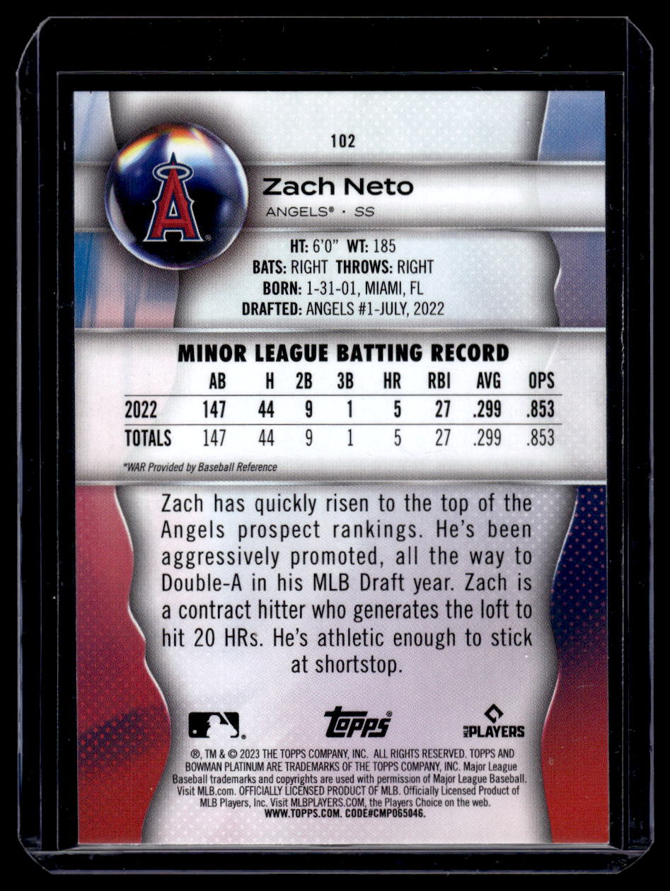 2023 Bowman Platinum #102 Zach Neto Rookie RC (Los Angeles Angels)