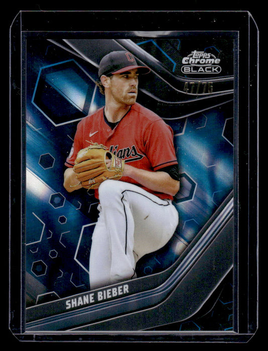 2023 Topps Chrome Black Shane Bieber Card #12 Blue Refractor #'d /75 (Guardians)