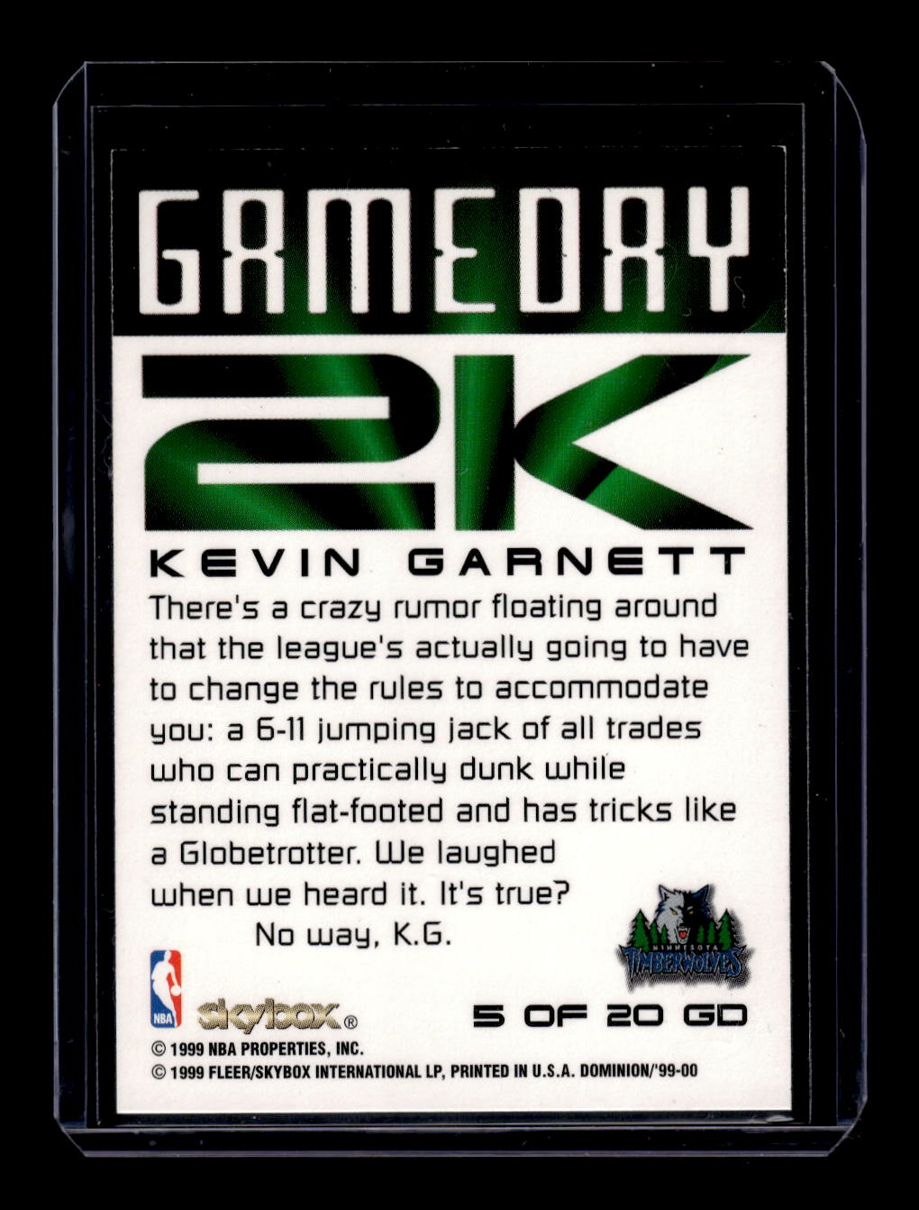 1999-00 Skybox "Dominion Game Day 2K" #5-GD Kevin Garnett (Minnesota Timberwolves)