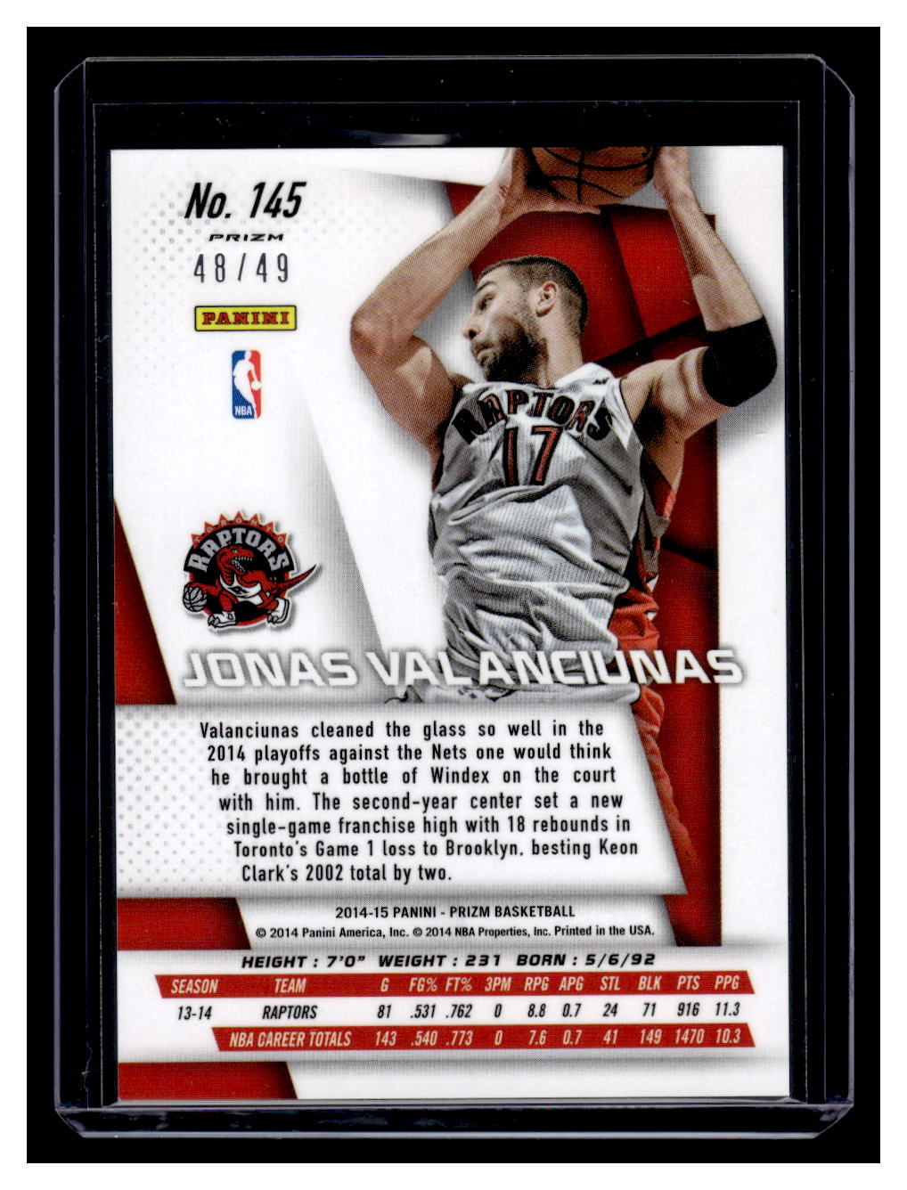 2014-15 Panini Prizm #145 Jonas Valanciunas Prizms Red #'d /49