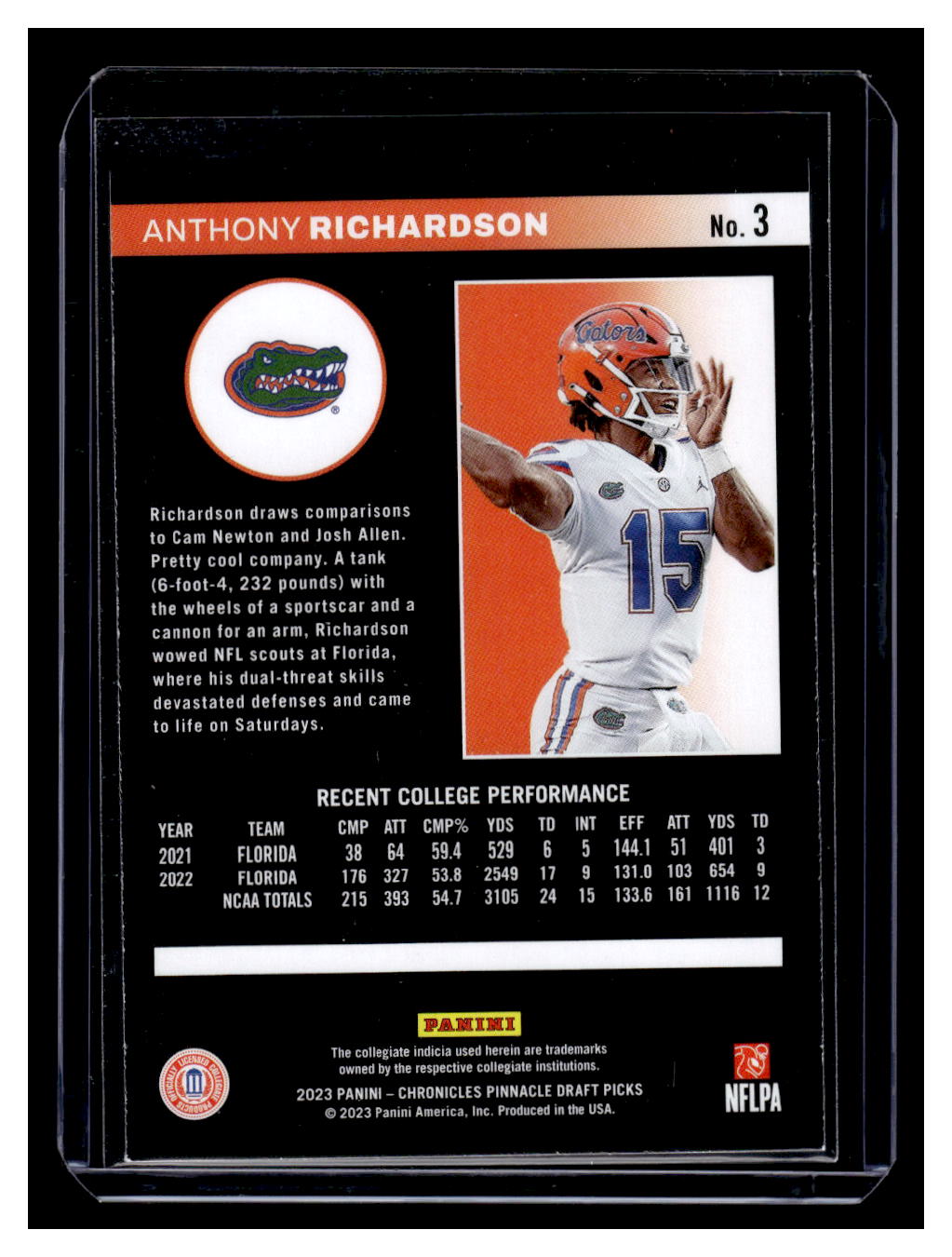 2023 Panini Chronicles Draft Picks Pinnacle #3 Anthony Richardson (Gators)