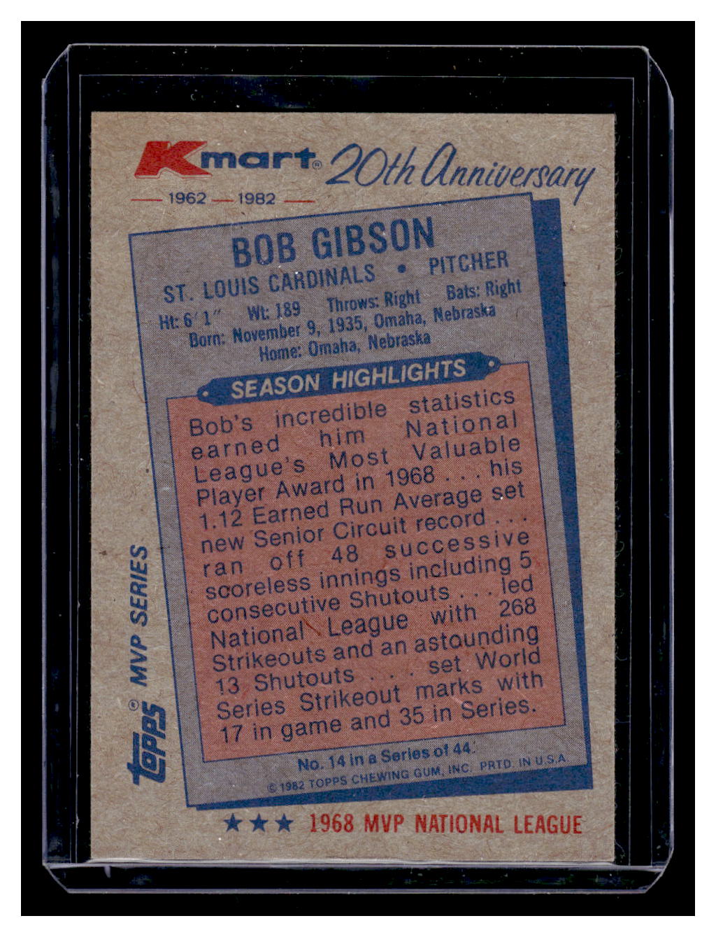 1982 Topps Kmart 20th Anniversary #14 Bob Gibson (St. Louis Cardinals)