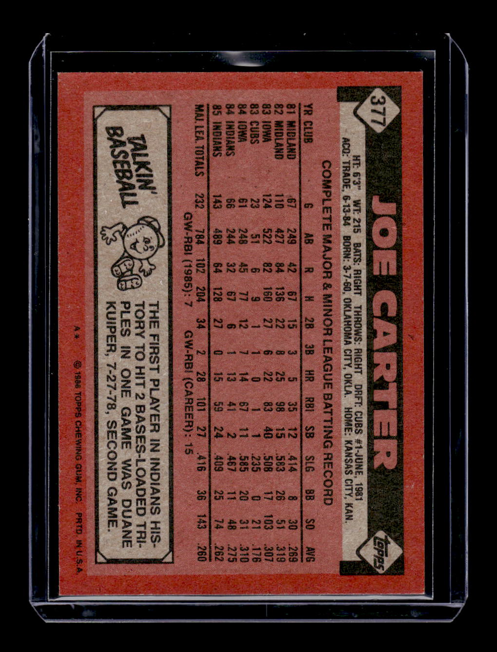 1986 Topps #377 Joe Carter (Cleveland Indians)