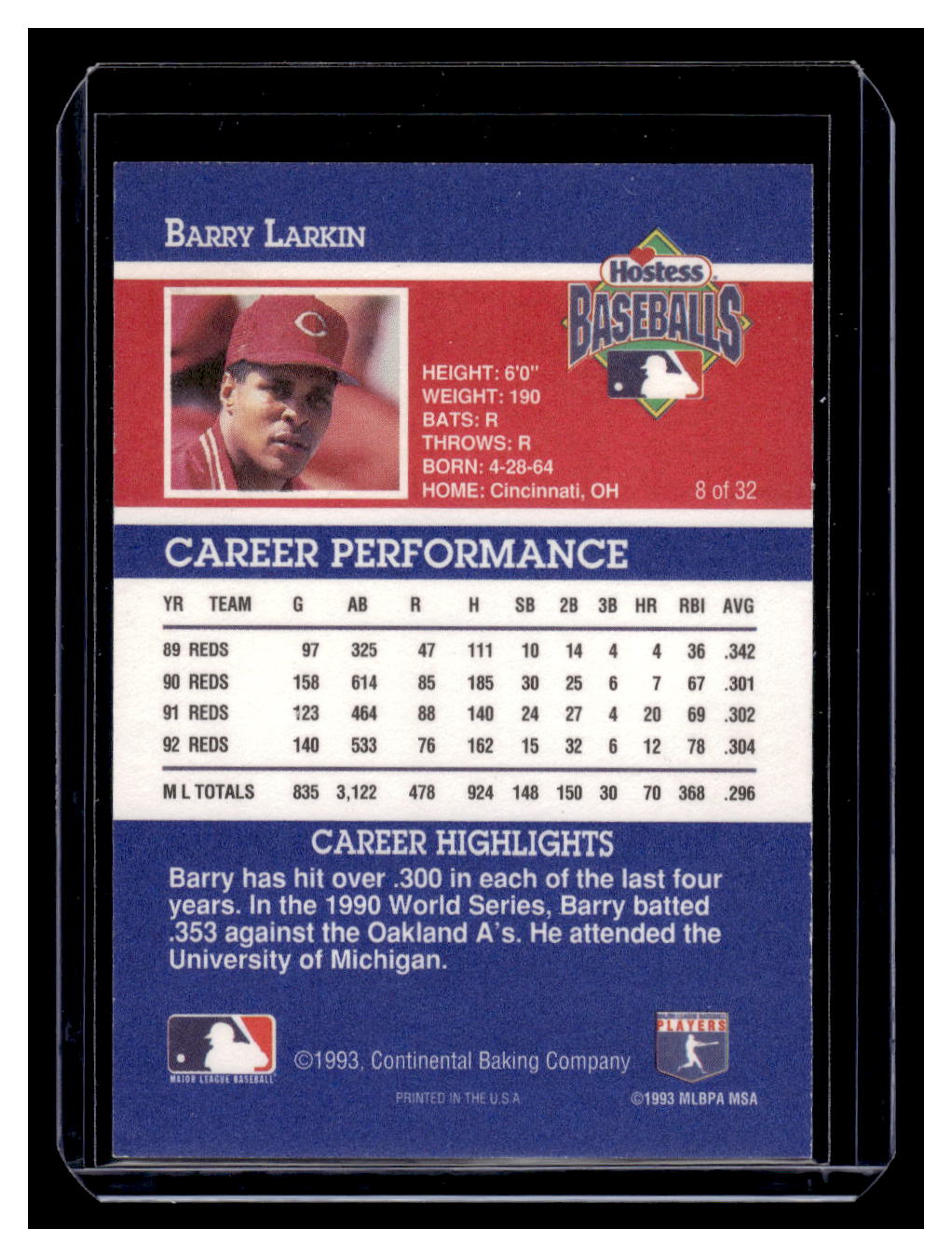 1993 Hostess Baseball Card #8 Barry Larkins (Cincinnati Reds)