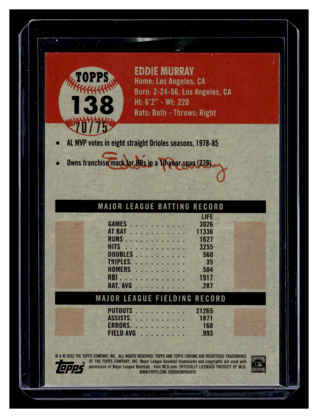 2022 Topps Chrome #138 Eddie Murray Chrome Platinum Anniversary Rose Gold Mini Diamond #'d /75