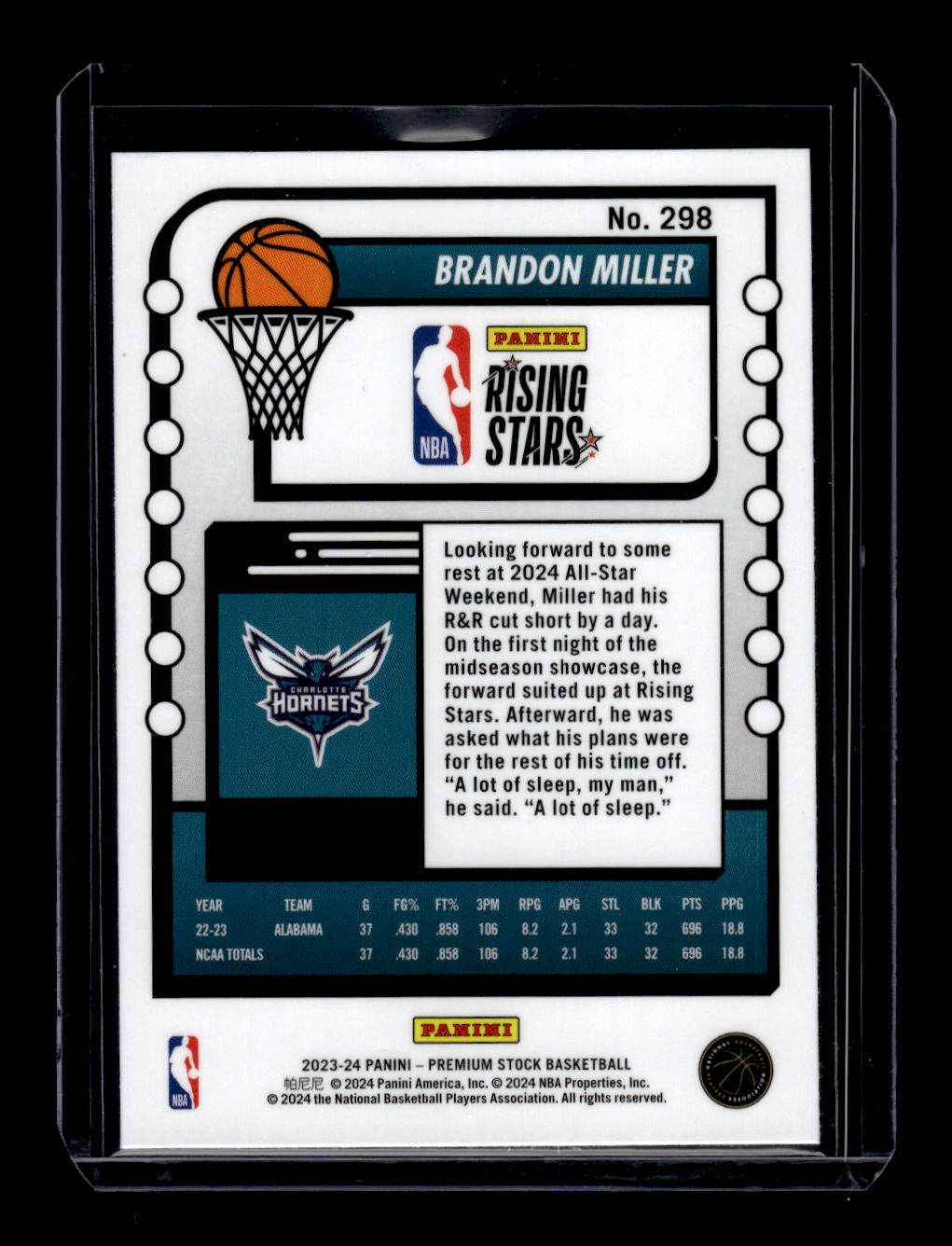 2023-24 Hoops Premium Stock (RC) #298 Rising Stars" Brandon Miller (Charlotte Hornets)