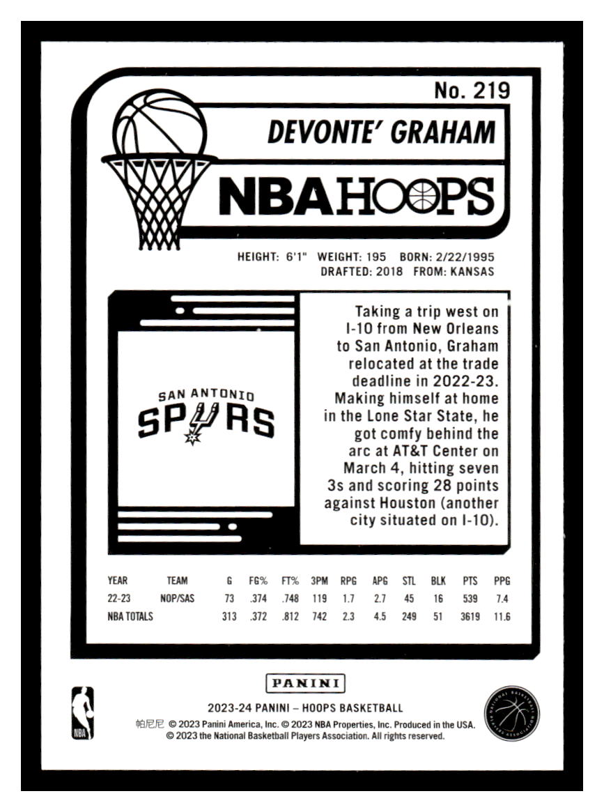 2023-24 NBA Hoops #219 Devonte' Graham (San Antonio Spurs)