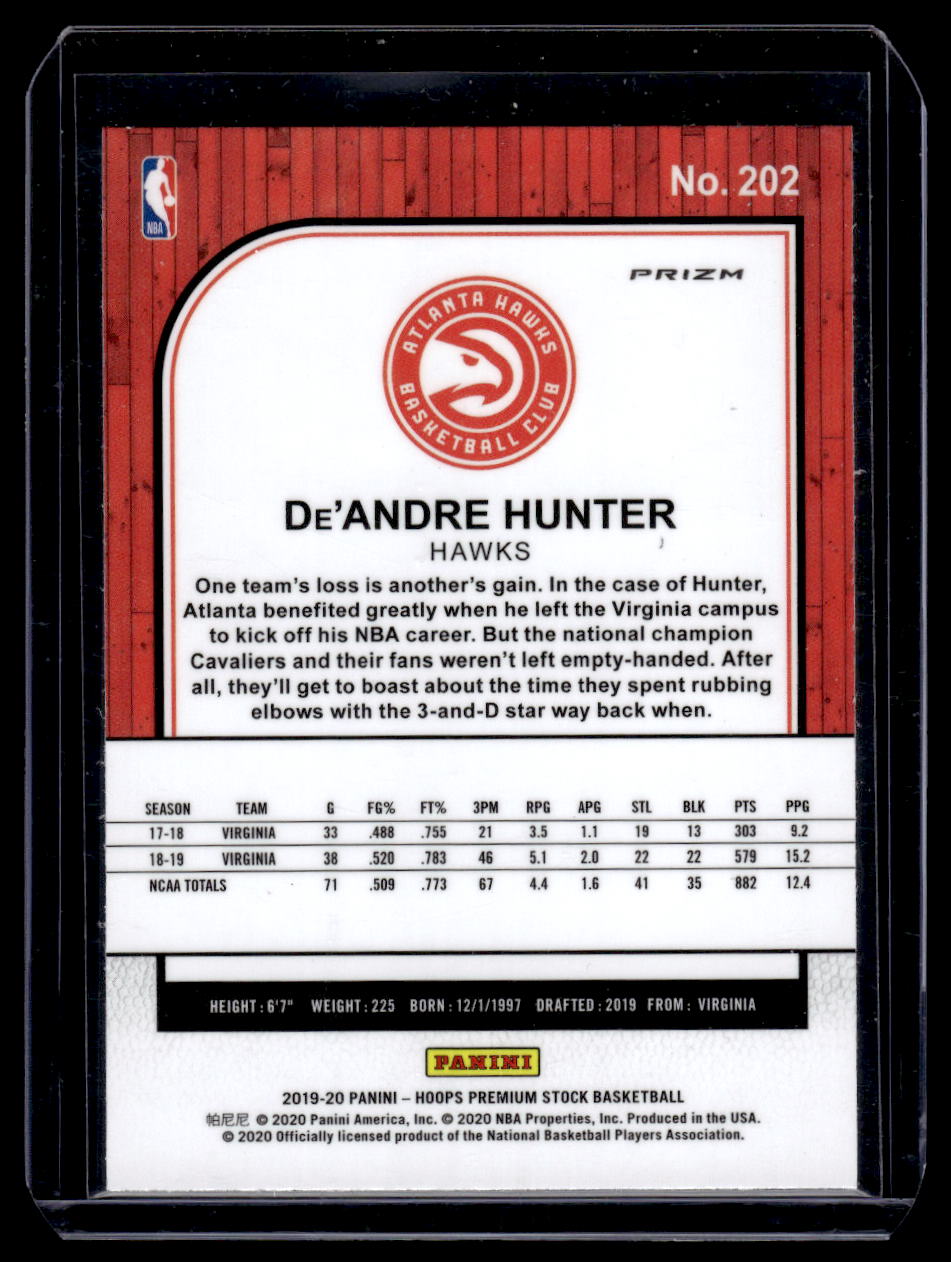 2019-20 NBA Hoops Premium Stock #202 De'Andre Hunter Prizms Red Flash (Atlanta Hawks)