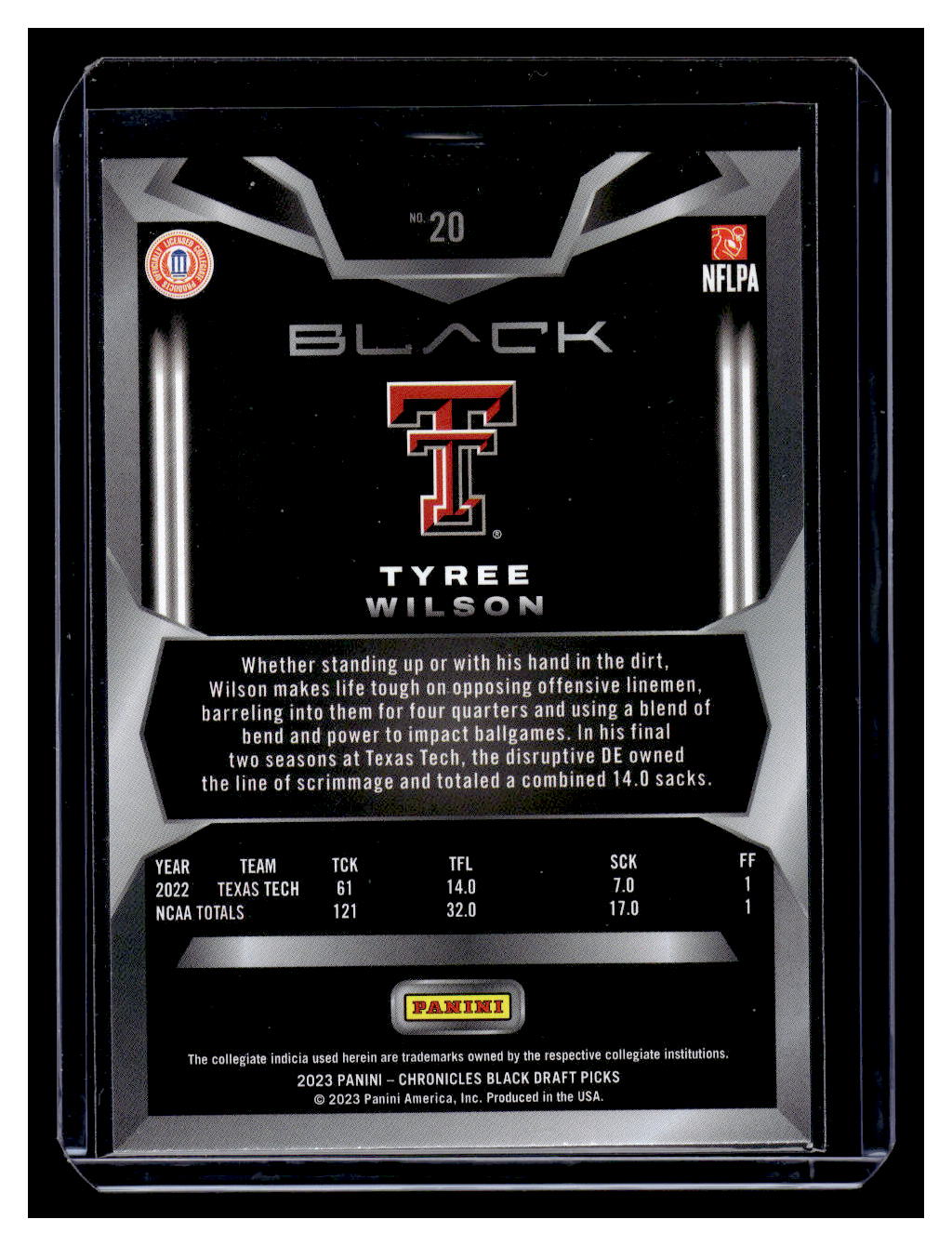 2023 Panini Chronicles Draft Picks Panini Black #20 Tyree Wilson (Texas Tech)