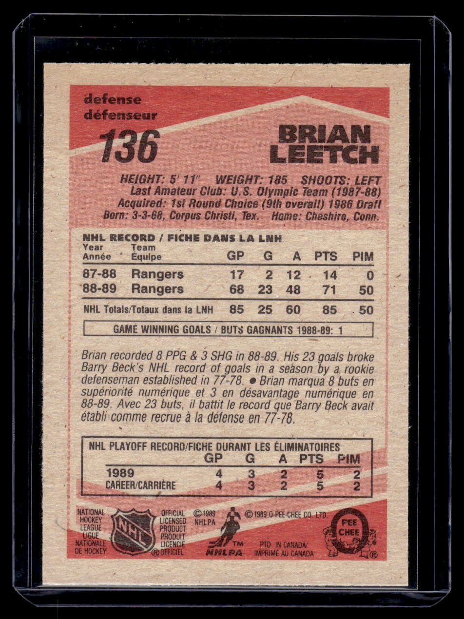 1989 O-Pee-Chee OPC #136 Brian Leetch Rookie RC (New York Rangers)