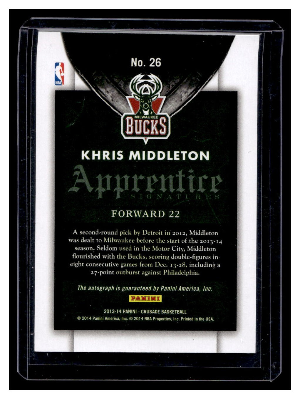 2013-14 Panini Crusade #26 "Apprentice Signatures" Autograph Khris Middleton Rookie RC (Milwaukee Bucks)