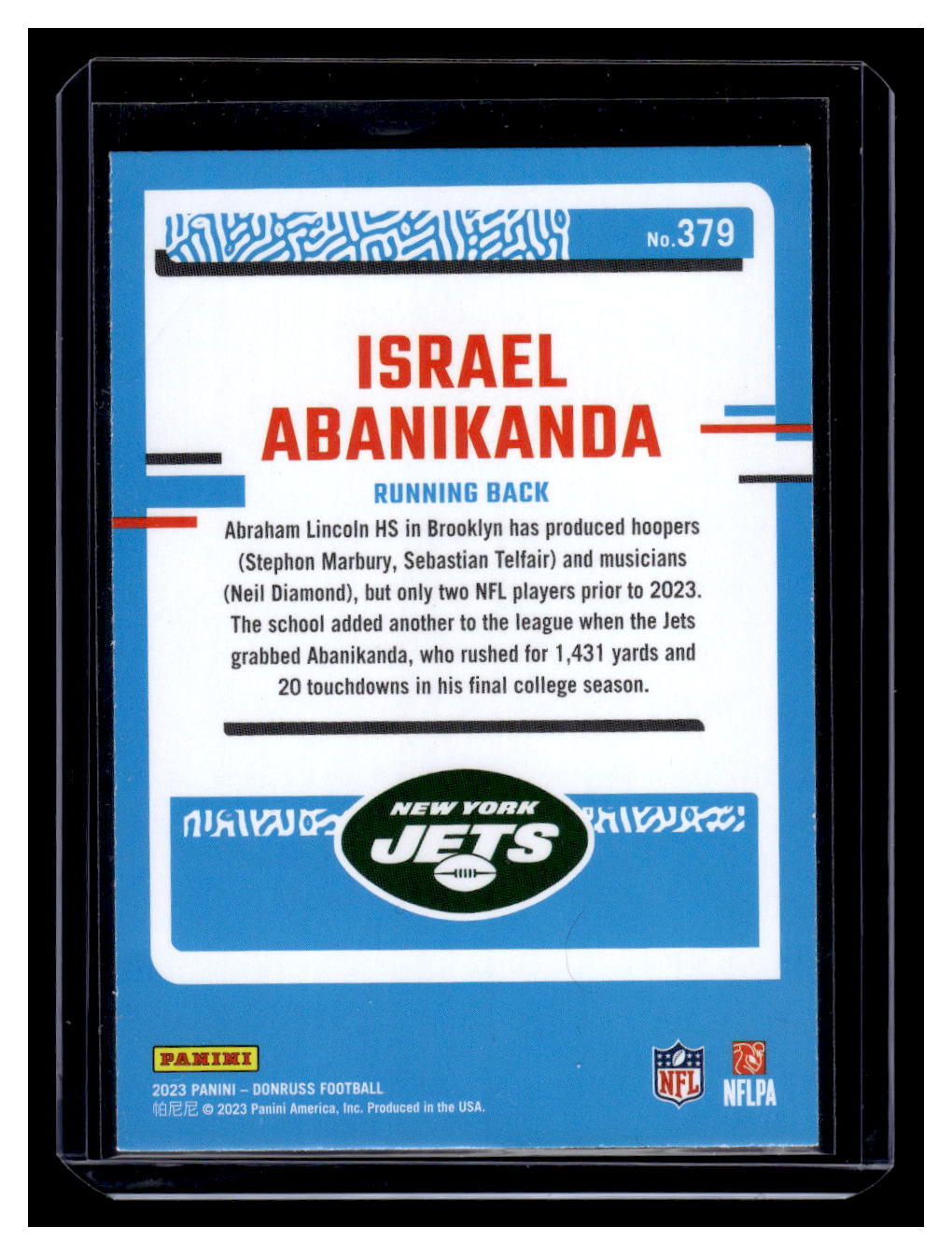 2023 Donruss "Rated Rookie" #379 Isael Abanikanda (New Yokr Jets)