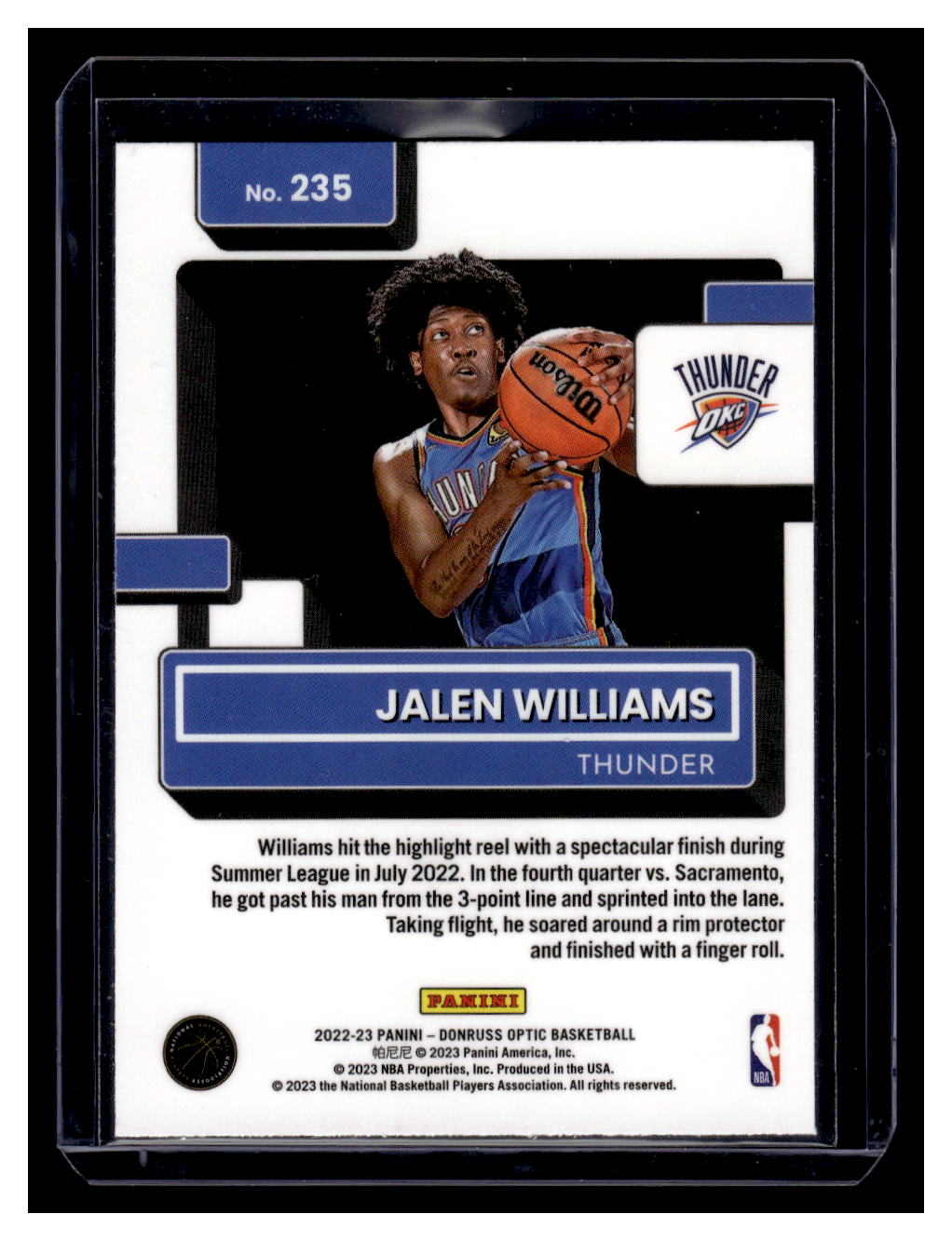 2022-23 Donruss Optic "Rated Rookies" #235 Jalen Williams Rookie RC (Oklahoma Thunder)