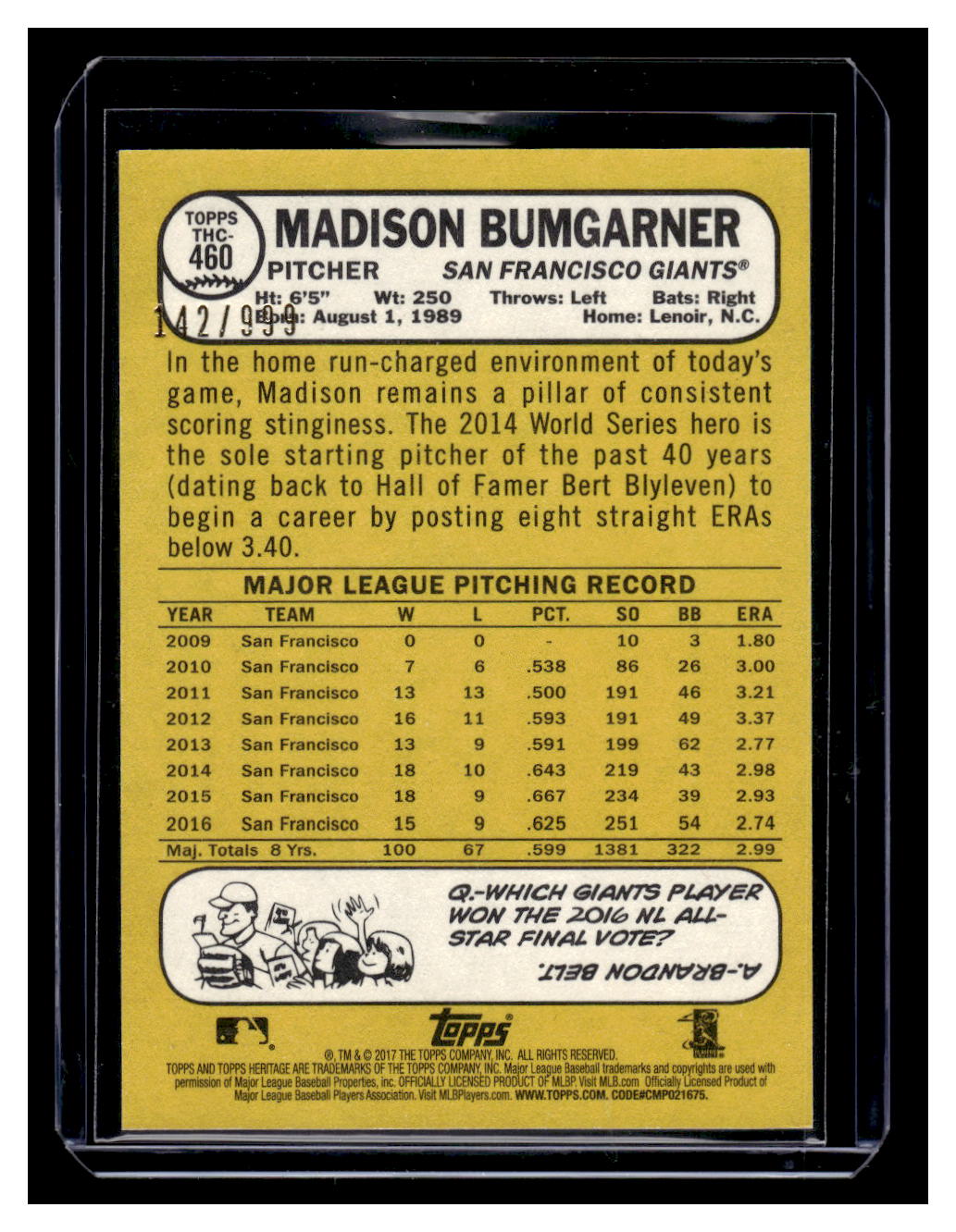 2017 Topps Heritage 460c Maison Bumgarner Chrome #'d /999 (San Francisco Giants)