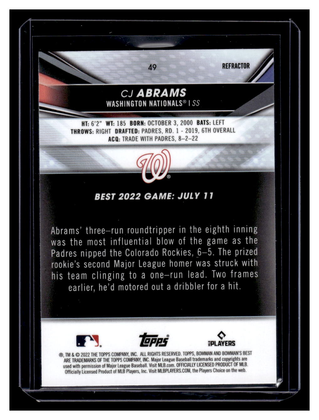 CJ Abrams RC 2022 Bowman's Best #49 CJ Abrams Rookie RC (Washington Nationals)