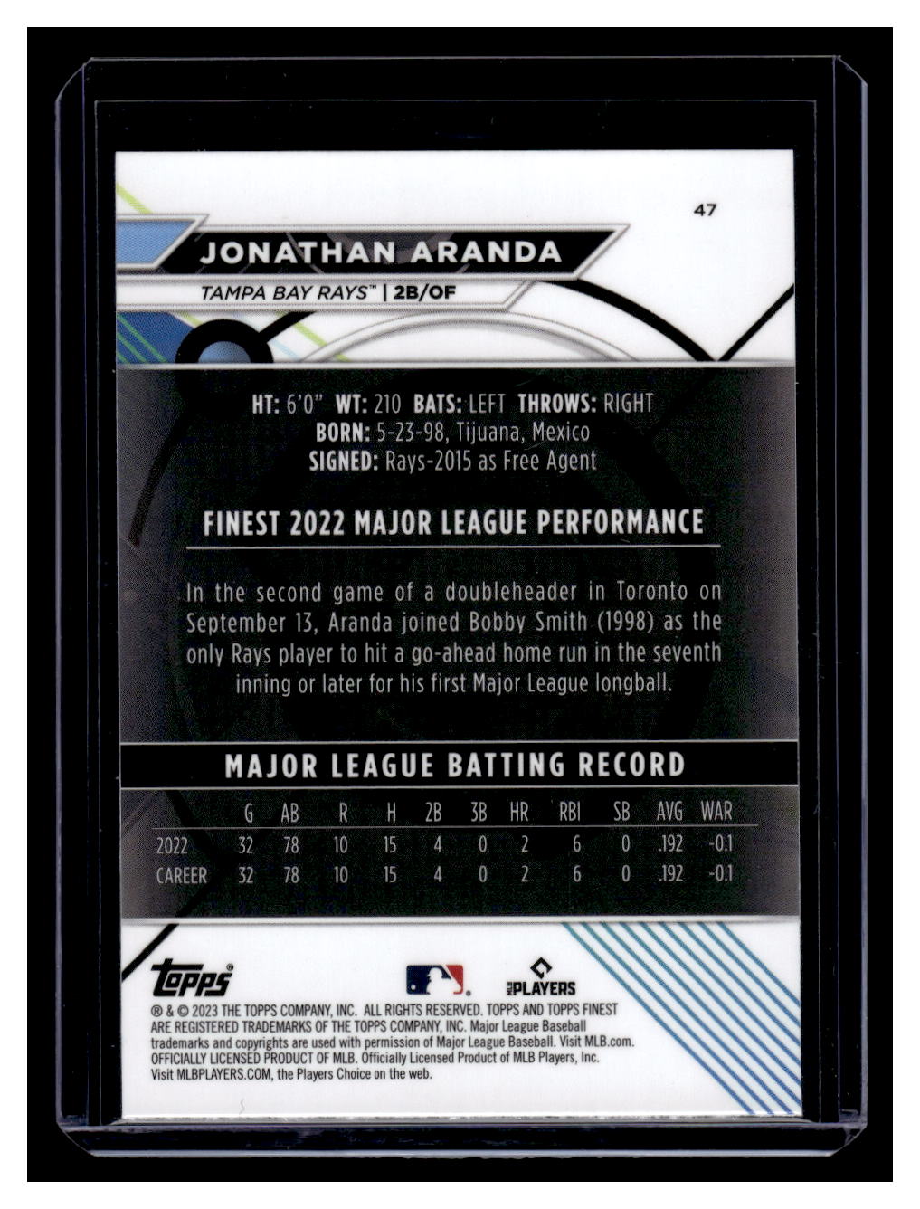 2023 Topps Finest #47 Jonathan Arada Rookie RC (Tampa Bay Ray)