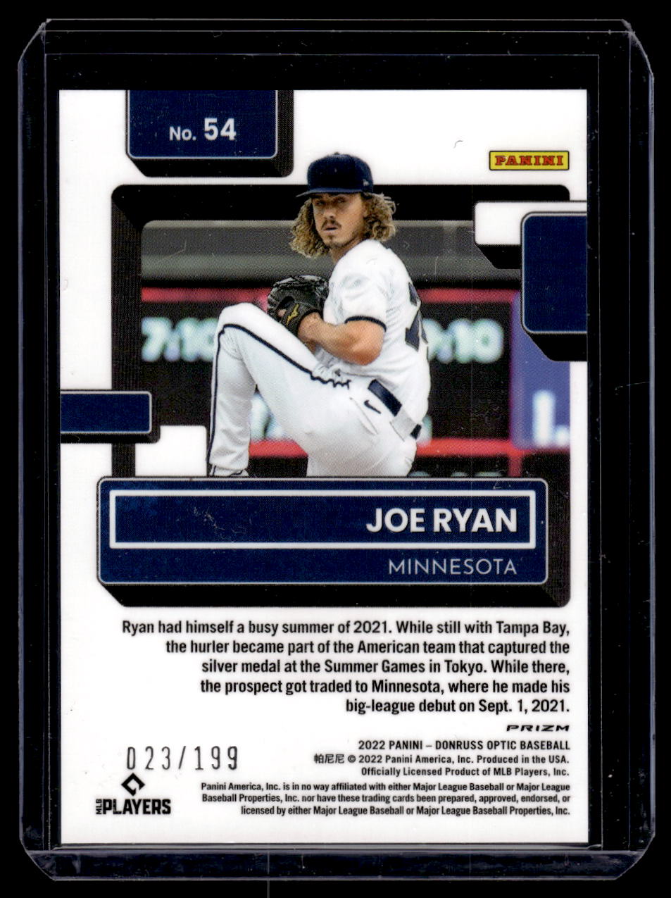 2022 Donruss Optic Prizm Red, White & Blue "Rated Rookie" #54 Joe Ryan #'d /199 (Twins)