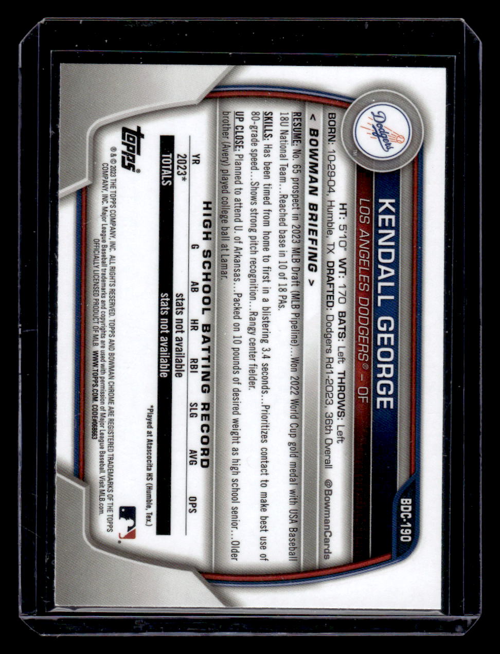 2023 Bowman Chrome Draft Kendall George #BDC-190 (Los Angeles Dodgers)