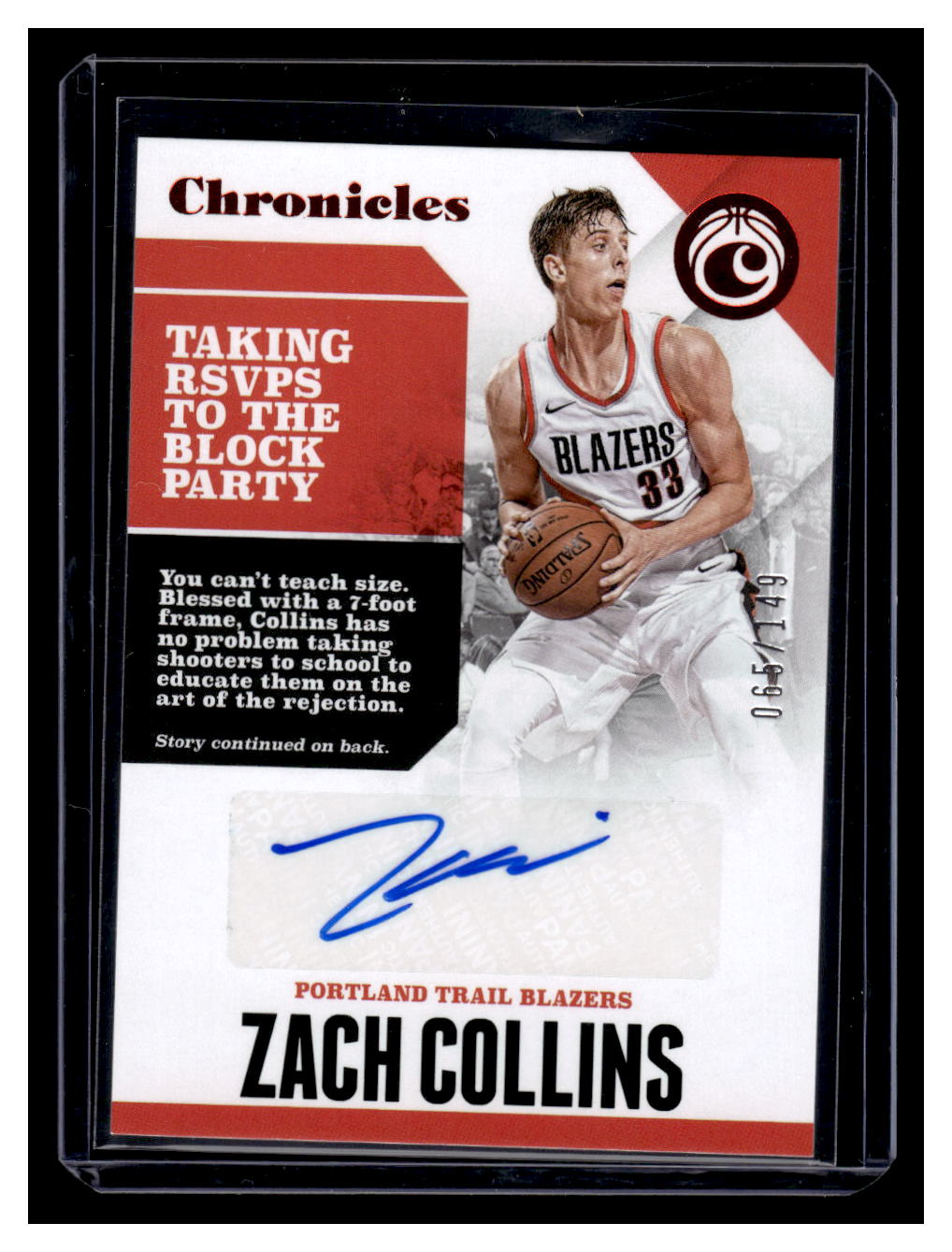 2017-18 Chronicles #CA-ZCL Zach Collins Autograph #'d /149 (Portland Trailblazers)