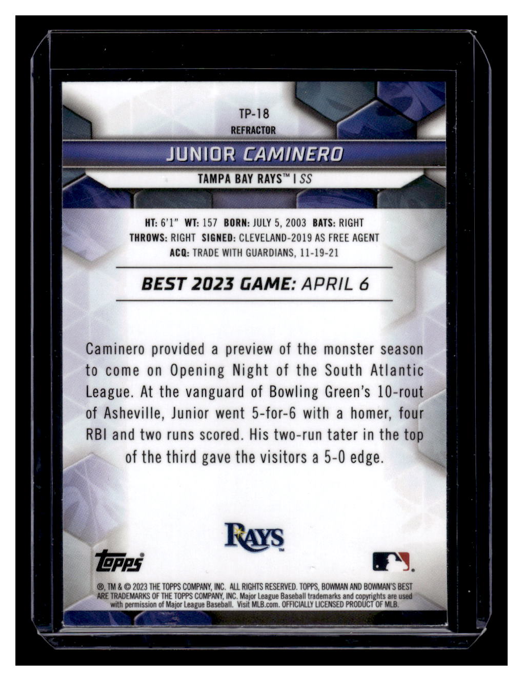 2023 Bowman's Best Top Prospects Refractors #TP18 Junior Caminero (Tampa Bay Rays)