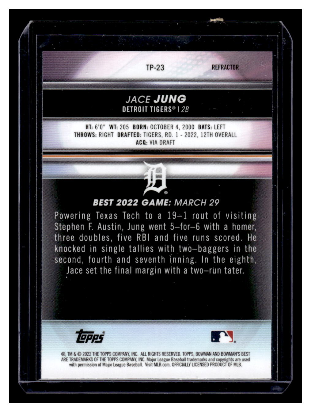 2022 Bowman's Best "Prospective Royalty" #PR-11 Jace Jung Rookie RC (Detroit Tigers)