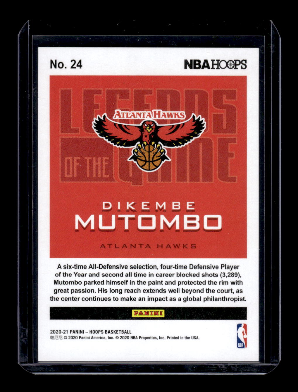 2020-21 Hoops Legends of the Game #24 Dikembe Mutombo #'d 465/699 (Atlanta Hawks)