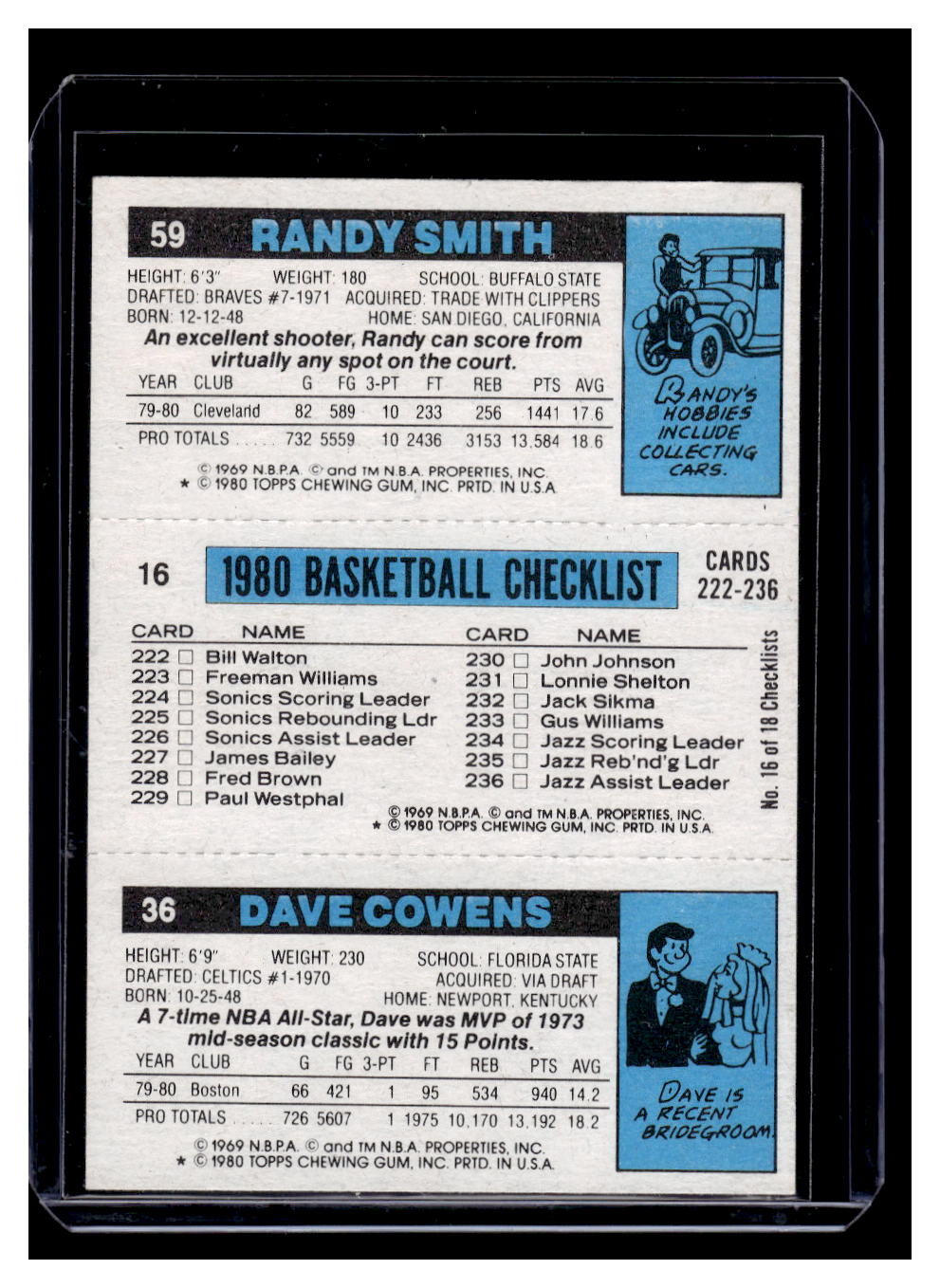 1980 Topps Dave Cowens #16 / Paul Westphal #36 / Randy Smith #59