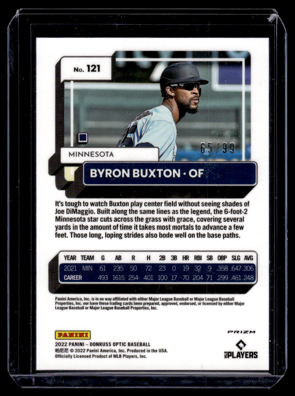 2022 Donruss Optic Prizm #121 Bryon Buxton Blue Velocity #'d /99 (Minnesota Twins)