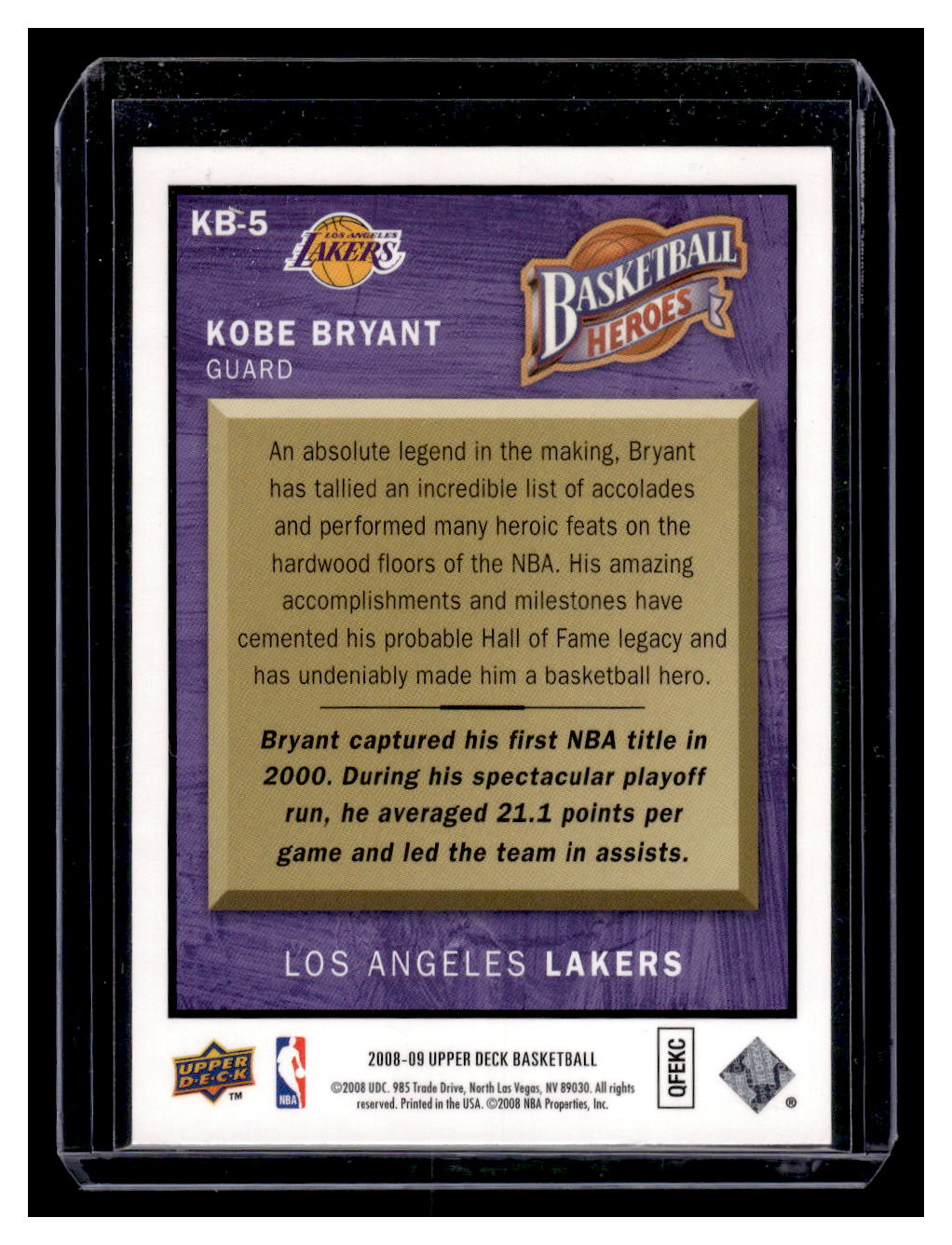 2008 Upper Deck "Basketball Heroes" #KB-5 Kobe Bryant (Los Angeles Lakers)