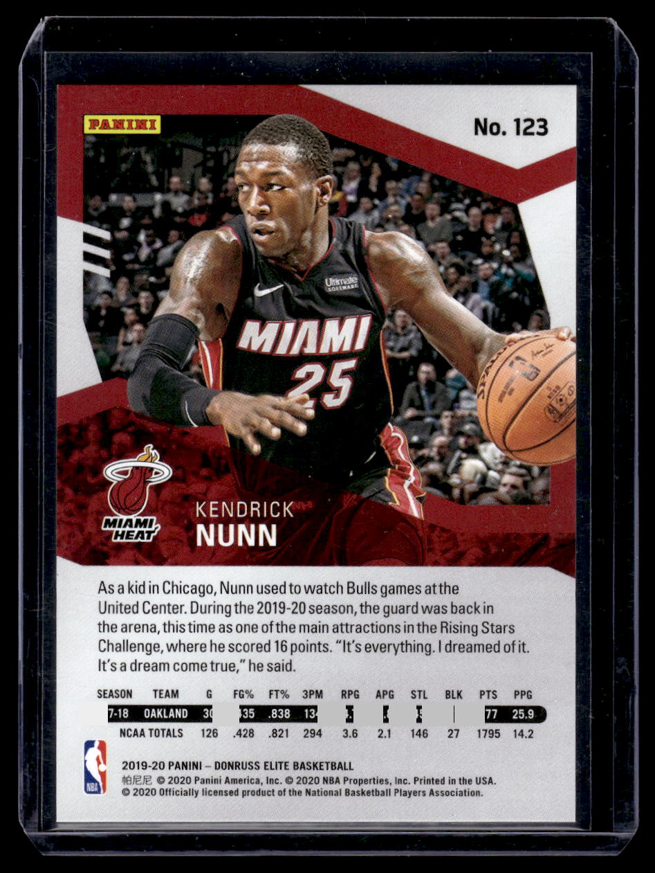 2019-20 Donruss Elite Rookie #123 Kendrick Nunn Aspirations #'d /75 (Miami Heat)