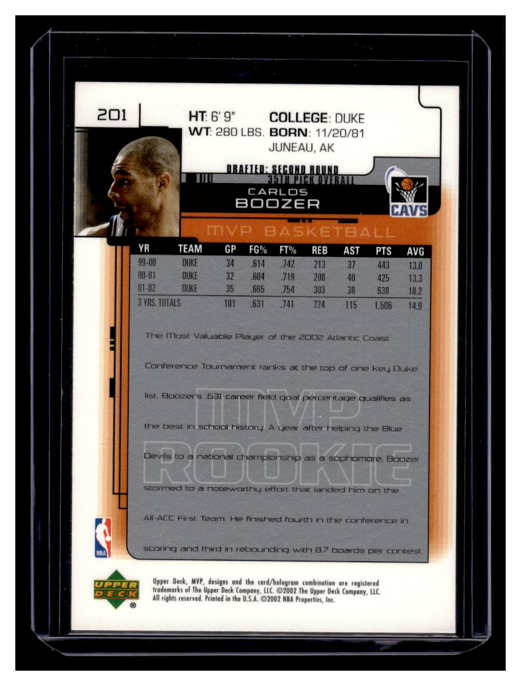 2002 Upper Deck MVP #201 Carlos Boozer Rookie RC (Cleveland Cavaliers)