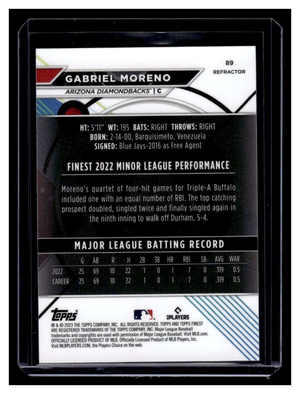 2023 Topps Finest #89 Gabriel Moreno Rookie RC (Arizona Diamondbacks)